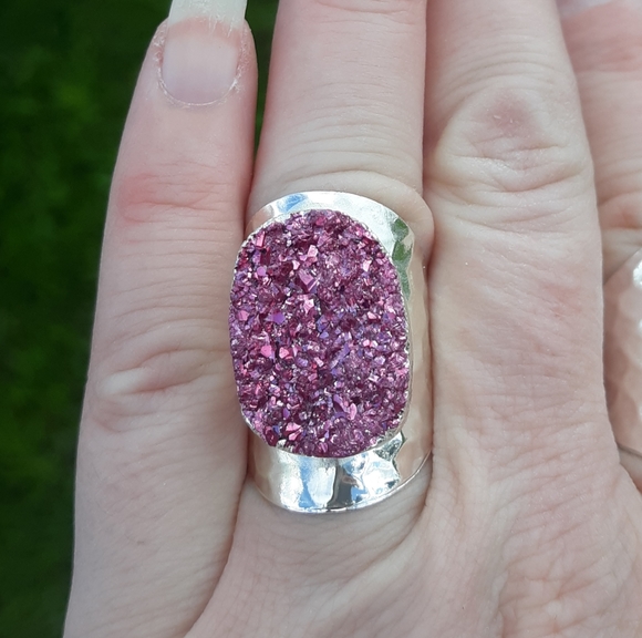 Pink Titanium Druzy Silver Plated Adjustable Ring. - Picture 2 of 8